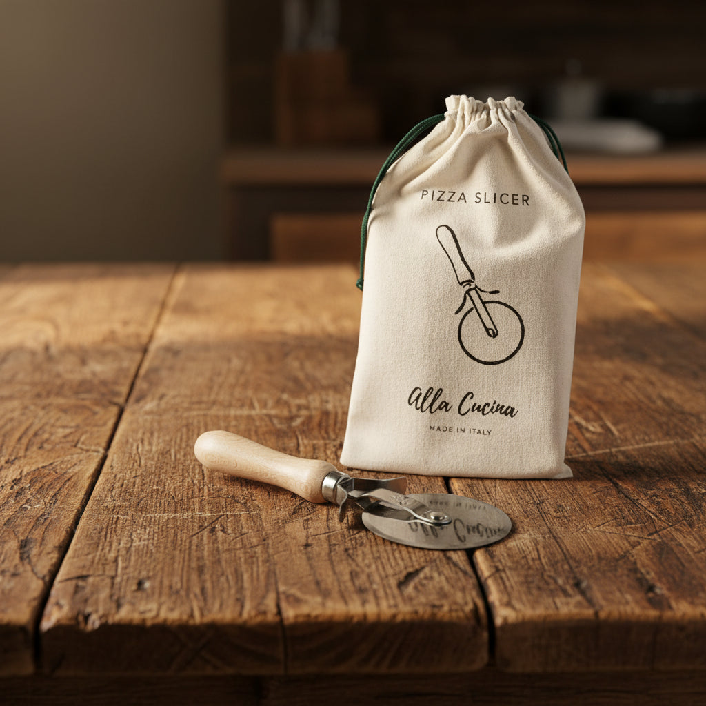 Pizza slicer with branded drawstring bag on a gray background