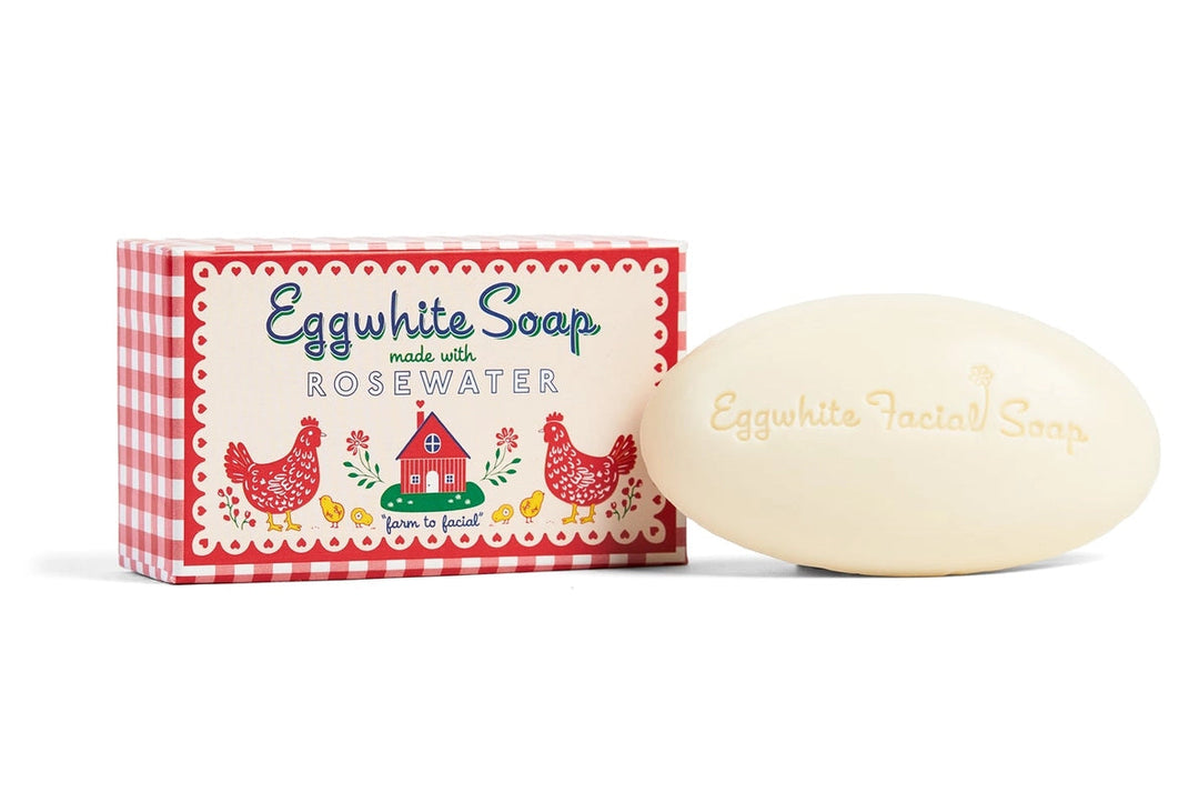 Eggwhite Soap with rosewater packaging on a white background