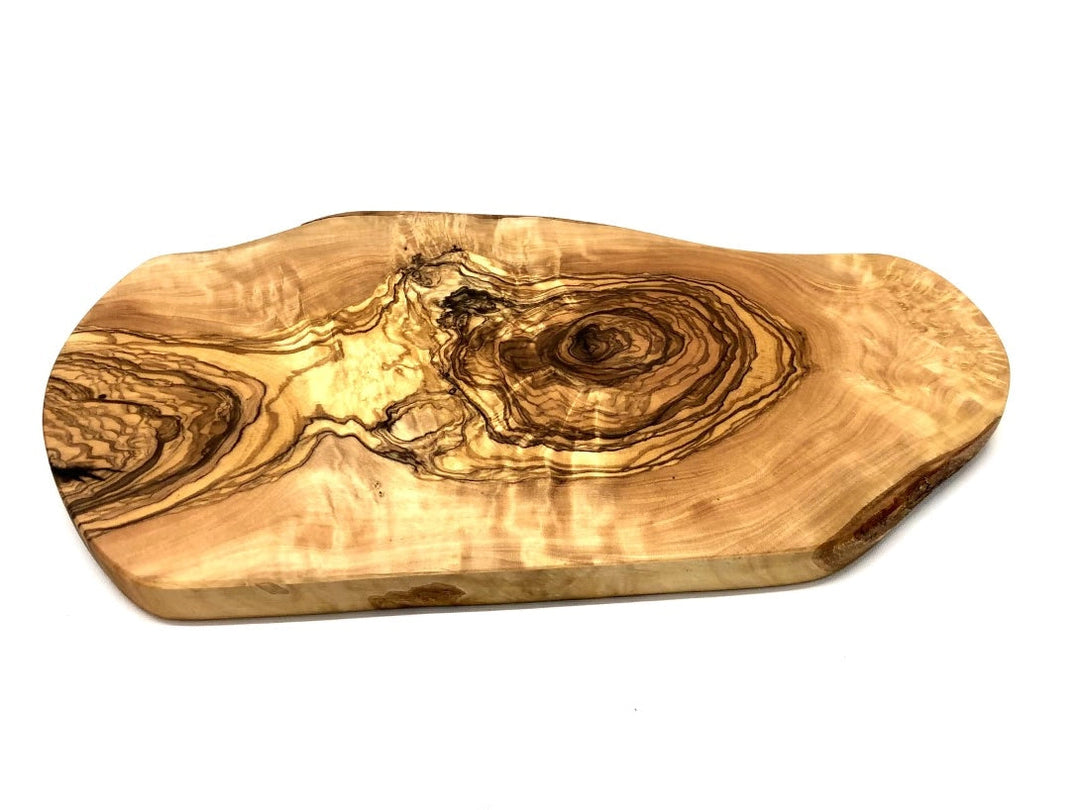 Wooden cutting board with natural grain pattern on a white background