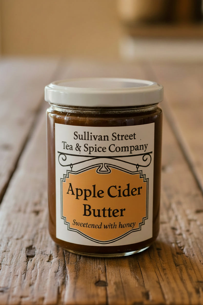 A jar of Sullivan Street Tea & Spice Company Apple Cider Butter, sweetened with honey, on a white surface with a blurred indoor background.