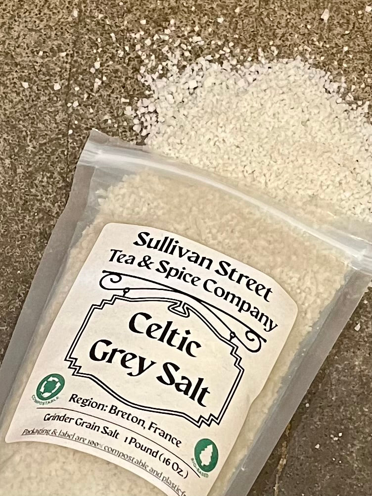 Packaged Celtic Grey Salt from Sullivan Street Tea &amp; Spice Company on a textured surface.