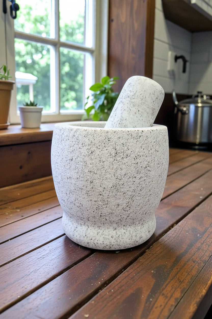 A speckled white and gray stone mortar and pestle set on a rustic wooden table, with fresh herbs and a bowl of red apples nearby in a kitchen setting.