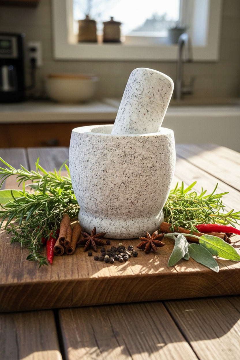 A speckled stone mortar and pestle set on a rustic wooden table, with potted succulents blurred in the background.