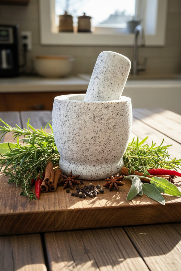 A speckled stone mortar and pestle set on a rustic wooden table, with potted succulents blurred in the background.
