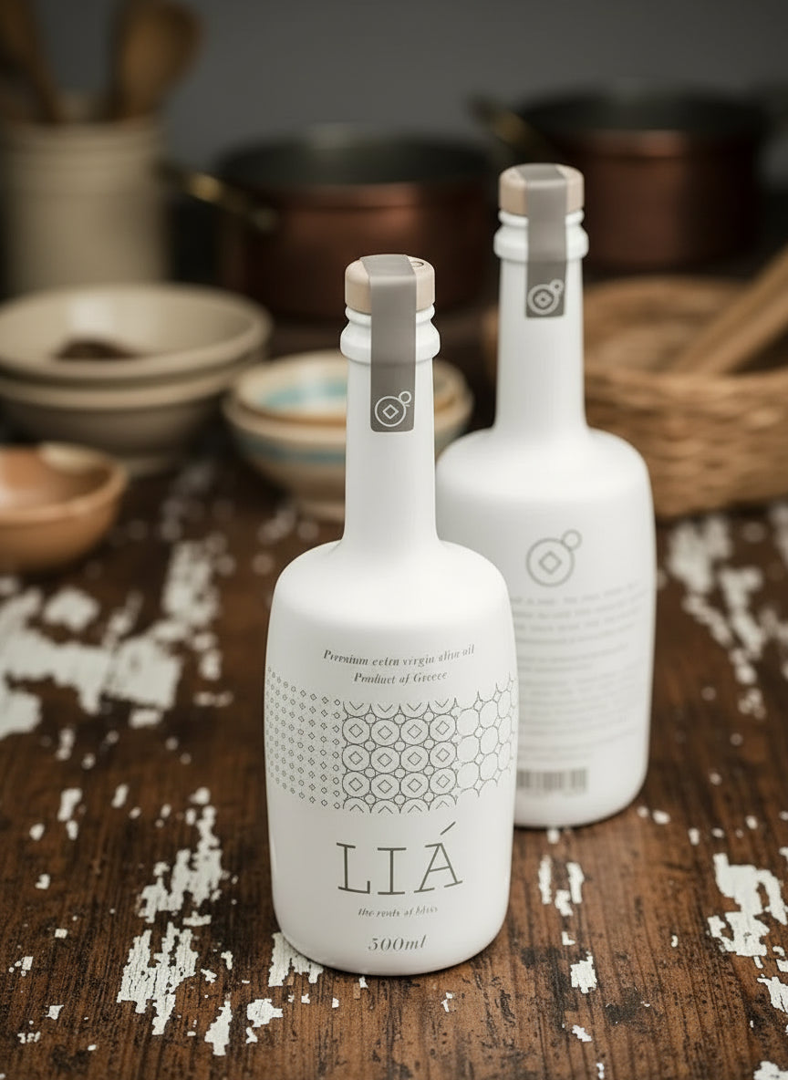 Two white bottles with 'LIÓ' branding on a wooden surface