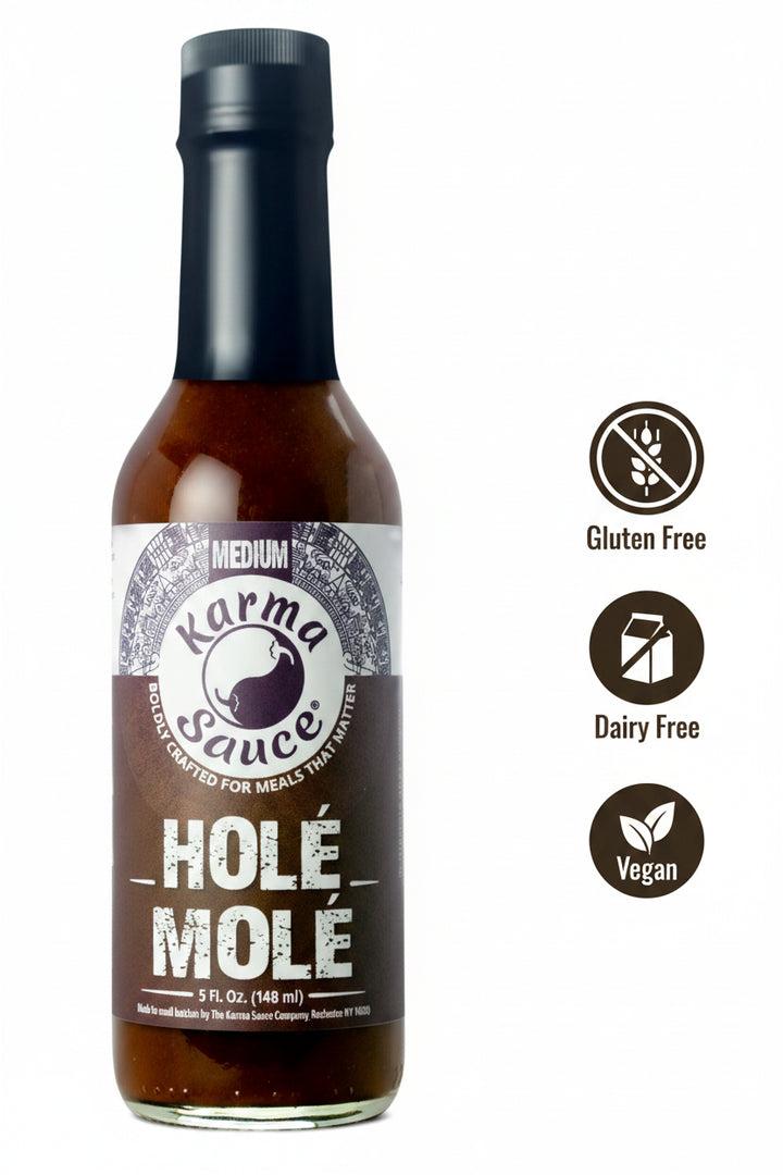 A bottle of Karma Sauce Holé Mole sauce, 5 fl. oz.