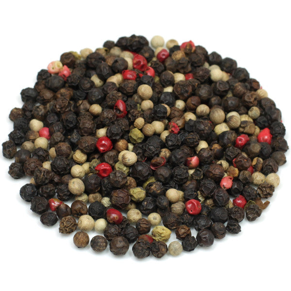 Organic rainbow peppercorn blend — black, green, pink, and white peppercorns
