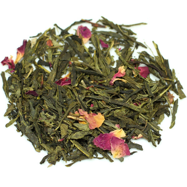 Cherry Blossom Green Tea from China — dried cherry pieces, rose petals, and organic green tea leaves