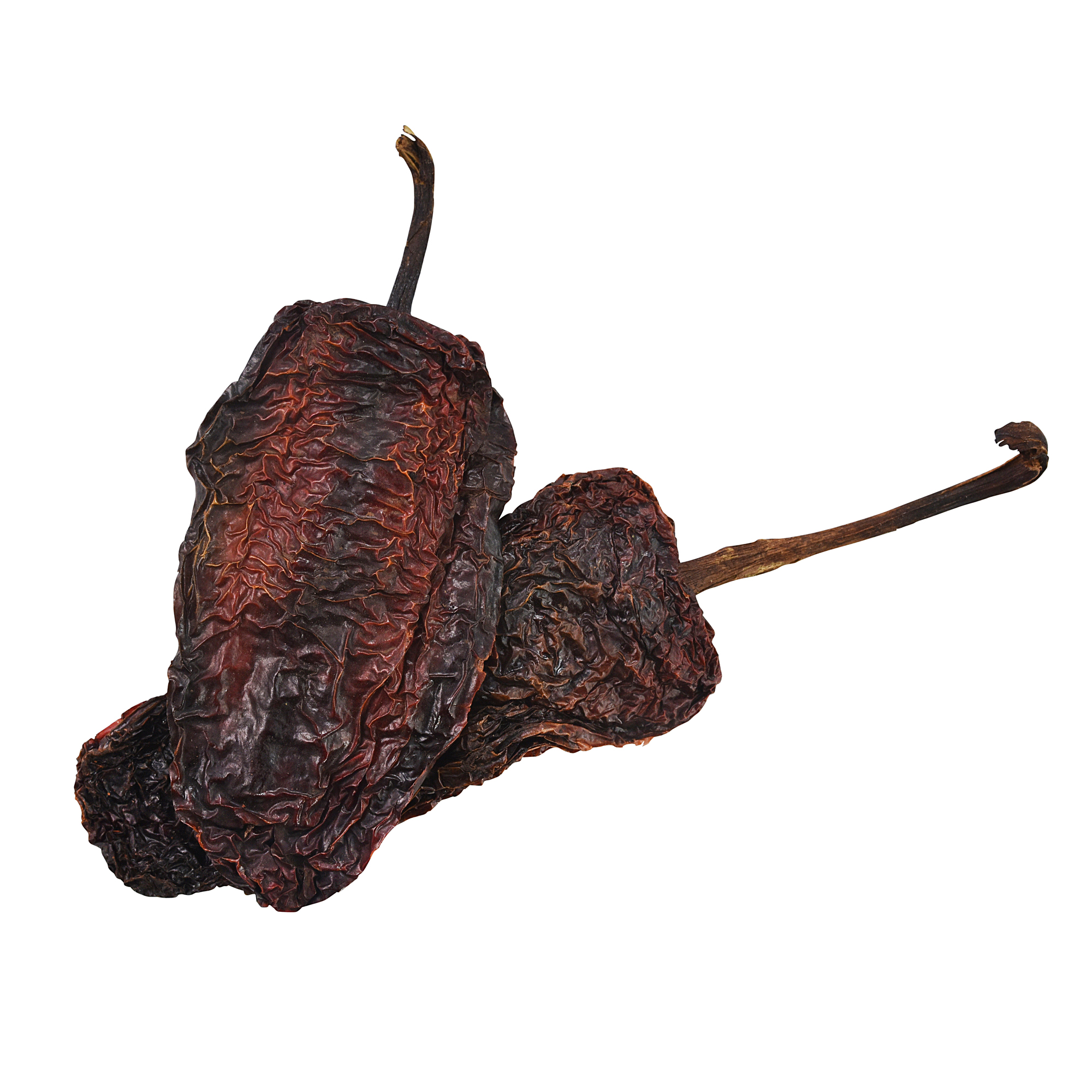 Whole dried Oaxacan chili peppers — deep mahogany